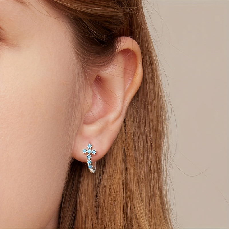 925 Sterling Silver Turquoise Decor Hoop Earrings